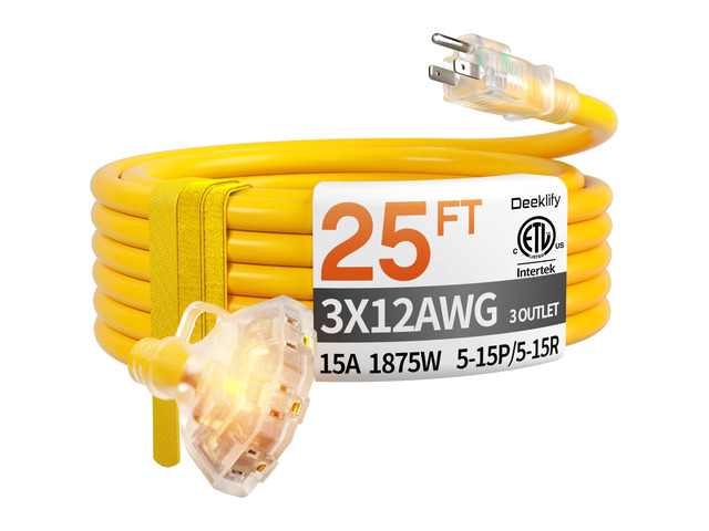 25 FT 12 Gauge Heavy Duty Extension Cord with Multiple Outlets 25 Feet 3 Outlet Yellow Extension Cord Heavy Duty, Indicator, Flexible Waterproof...
