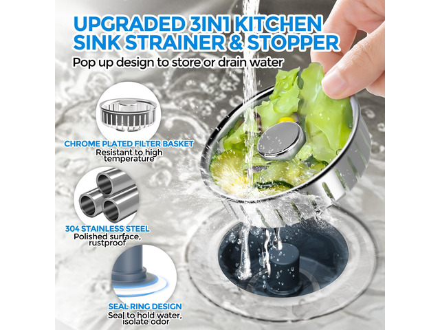 3 in 1 Kitchen Sink Drain Strainer Stopper Removable Basket Pop-Up Kitchen Sink Accessories 1 Pack Brushed Silver Stainless - Food Catcher,...