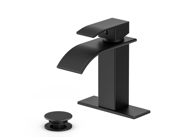 Waterfall Bathroom Faucet, Matte Black Stainless Steel, 1-Handle Modern Bathroom Sink Faucet for RV & Outdoor Basins, Pop-Up Drain, Supply Lines,...
