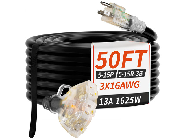 50 FT 16/3 Outdoor Extension Cord with Multiple Outlets Black Flexible 3 Outlet Waterproof Extension Cord, 13A 1625W 16AWG SJTW, ETL Listed,...