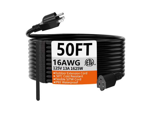 Black Extension Cord 50 FT, 16 Gauge, Outdoor Electric Cable 3 Prong Extension Cord 50 FT Black, Appliance Extension Cord Waterproof with Strap,...