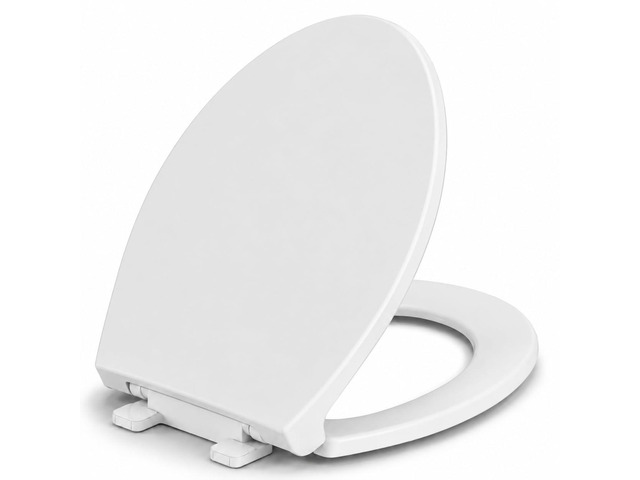 Elongated Toilet Seat, Slow Close, White Plastic, Never Loosen, 18.5 Easy Installation, Easy Cleaning, Non-Slip Bumpers, Quiet Operation, Fits...