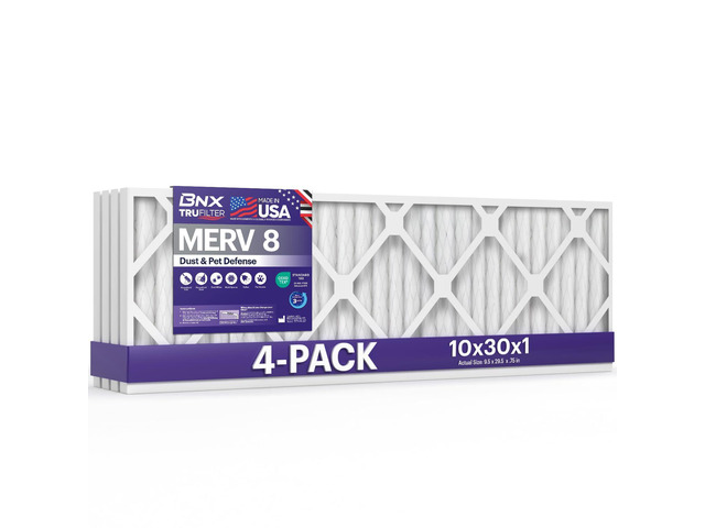 TruFilter 10x30x1 Air Filter MERV 8 (4-Pack) - MADE IN USA Dust & Pet Defense Electrostatic Pleated Air Conditioner HVAC AC Furnace Filters for...