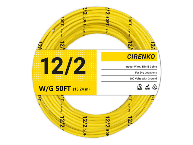 12/2 NM-B Cable 50 FT, UL Listed 12 Gauge Indoor Wire with Ground Solid Bare Copper, No CCA, Durable Yellow NM-B Jacket, Easy to Strip, for...