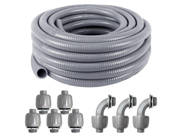 Liquid-Tight Conduit and Connector Kit 1/2 Inch 25 Ft Flexible Non Metallic Liquid Tight Electrical Conduit with 5 Straight 3 Angle Fittings,UL...