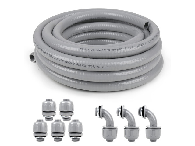 1-1/4(1.25) inch 25ft Liquid-Tight Conduit and Connector Kit,Flexible Non Metallic Liquid Tight Electrical Conduit Kit with 5 Straight and 3...