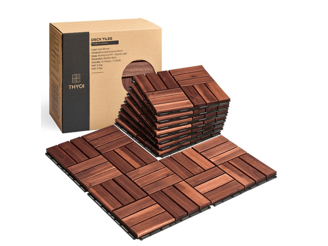 Premium Deck Tiles, 10 Pcs Patio Flooring - Brown - Crossed Pattern Square Joints - Interlocking Deck Tiles, 12'x12'x0.9' Waterproof Acacia Wood...
