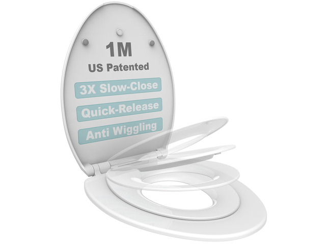 Family Toilet Seat, Patented Slow Close & Quick Releasing Technology, Anti-Wiggling, Easy to Install and Clean, Standard Elongated with Toddler...