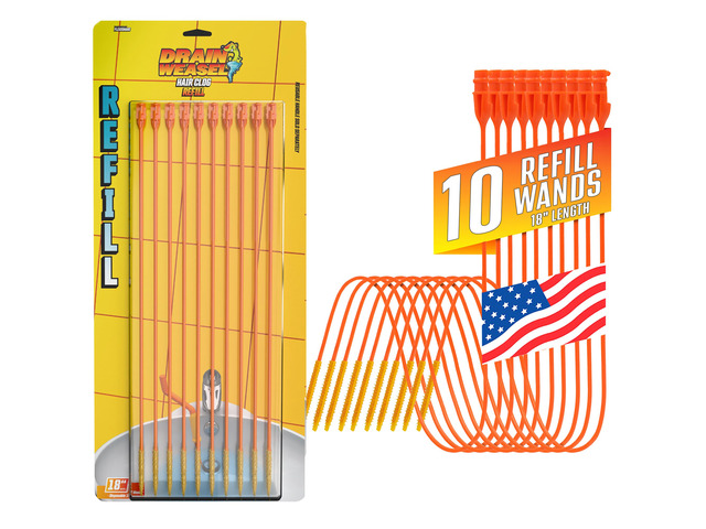 Drain Weasel Refill for Sink Snake Hair Clog Remover, 10 Pack Pipe, Bathroom, Bathtub Drain Cleaner, 18' Wands, Made in The USA