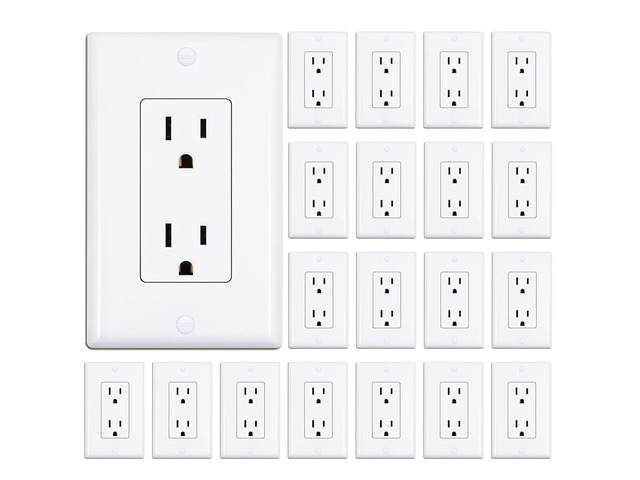 Decorator Receptacle Outlet with Wall Plate, Non-Tamper-Resistant Electrical Outlet, 15 amp Outlet, Self-Grounding, UL Listed, White (20 Pack)