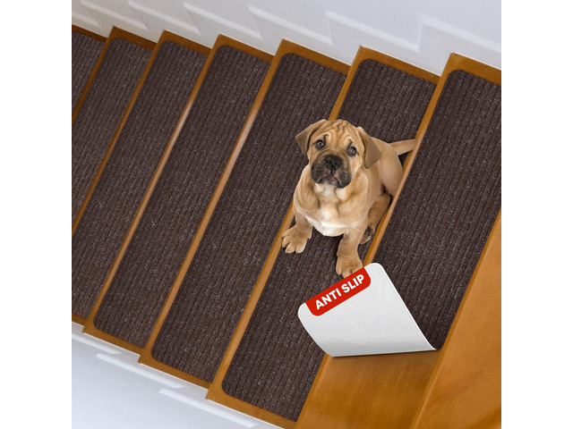 Carpet Stair Treads for Wooden Steps, 15 Pack, 8' x 30', Brown Stripe Four-layer polyester carpet with PP grid base, nonwoven cushion and TPR...