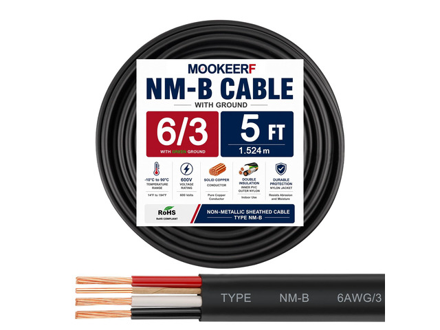 6/3 Wire with Ground - 5FT NM-B 6 Gauge Non-Metallic Sheathed Cable 100% Pure Copper 6 AWG 3 Conductor Residential Indoor Wire for Outlets,...