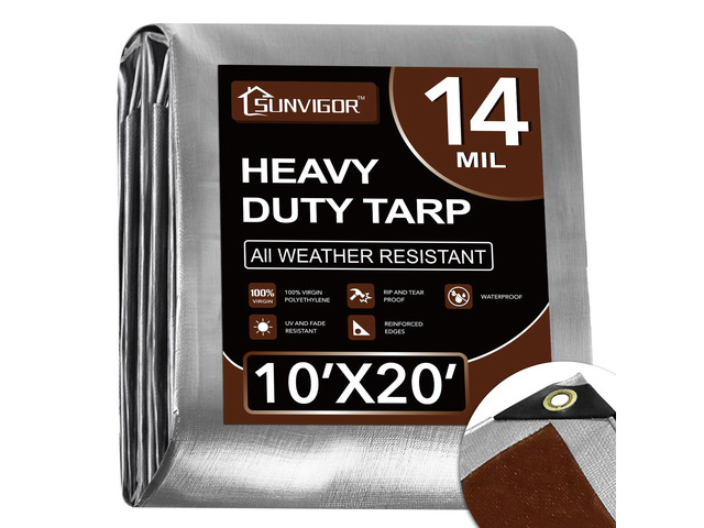 Tarp Waterproof 10x20Ft, Heavy Duty Tarp Cover Extra Thick 14 Mil Tear and UV Resistant, Outdoor Tarps with Grommets and Reinforced Edges for Roof,...