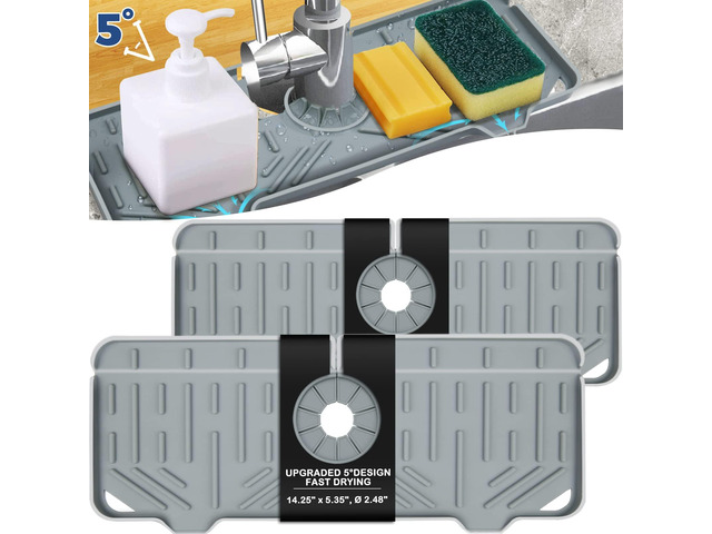 2 Pcs Silicone Faucet Handle Drip Catcher Tray, 2 in 1 Dish Soap Sponge Holder for Kitchen Sink & Splash Guard, Drying Mat for Sink Accessories,...