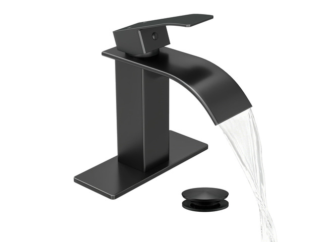Waterfall Single Handle Bathroom Sink Faucet with Drain Black Matte Black Vanity Faucet with Pop-up Drain, Ceramic Valve, for 1 or 3 Hole Modern...