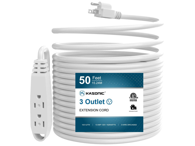 50 FT 3 Outlet Extension Cord, 16/3 SJTW Grounded Cord, White