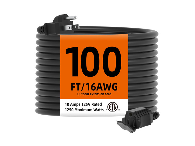 Indoor Outdoor Extension Cord Waterproof, 100 Feet 3 Prong Power Cord for Home and Garden, 16 AWG, 10A/1250W, ETL Listed