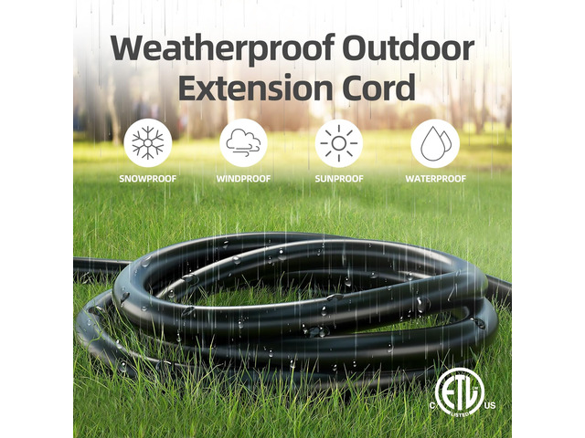 Indoor Outdoor Extension Cord Waterproof, 60 Feet 3 Prong Power Cord for Home and Garden, 16 AWG, 13A/1625W, ETL Listed
