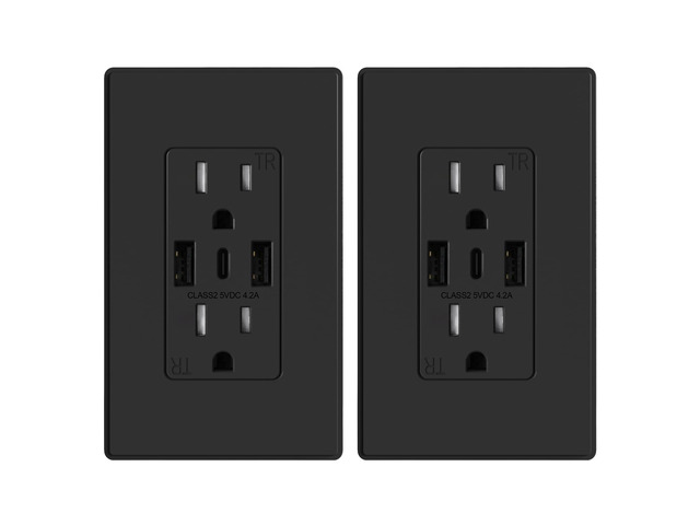 USB Wall Outlets, 3-Ports Type C Wall Outlets Receptacles, Matte Black 15 Amp Outlets with 3 Ports, TR Tamper-Resistant Outlets, Screwless Wall...