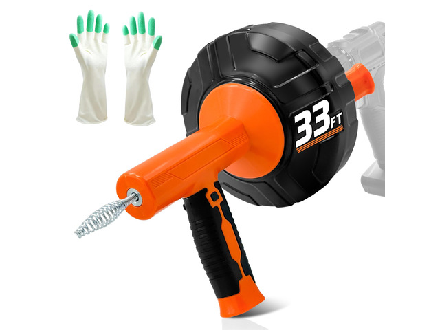 Drain Auger 33Ft, Auto-Feed Drain Snake Hair Drain Clog Remover, Orange Drill Adapter for Quickly Unclogging, Long Flexible Plumbing Snake for Deep...