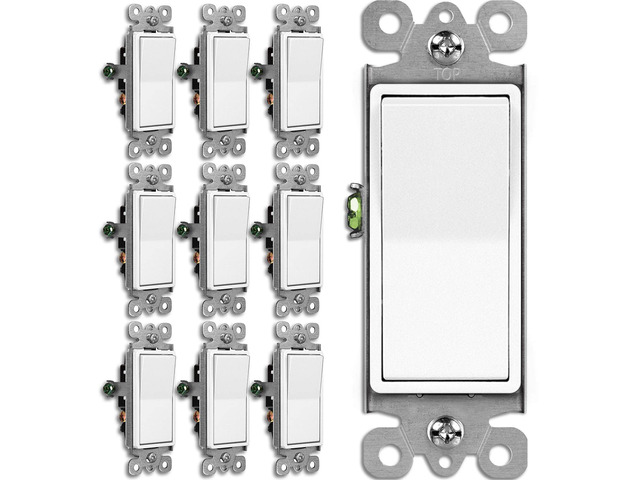 10 Pack 3-Way Decorator Light Switch, Single Pole or Three Way UL Listed, 15A 120/277V, Rocker Paddle Wall Switch, On/Off Rocker Interrupter, White