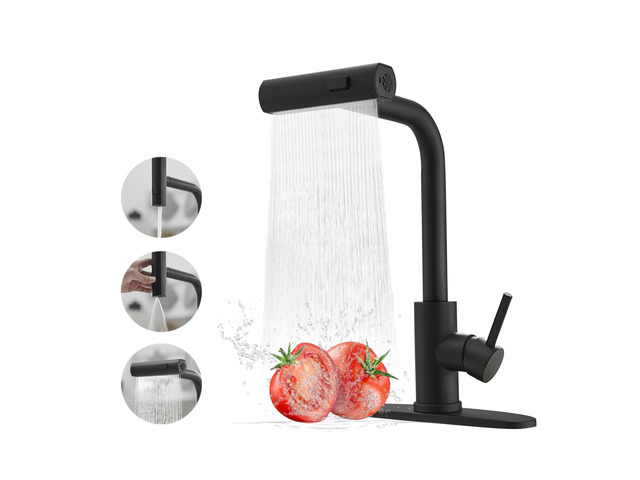 Kitchen Faucet with Pull Down Sprayer, Matte Black Waterfall Kitchen Faucet Commercial Stainless Steel Single Handle Faucet with 3 Spray Modes...