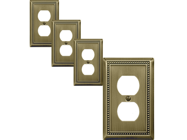 Single Duplex Outlet Light Switch Cover Belaire Beaded Metal Wall Plate, 4-Pack Antique Brass 1 Gang, for Receptacle Light Switch, Switch Cover...