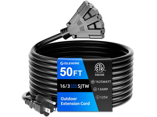 50 FT 3 Outlet Outdoor Extension Cord Waterproof, 16/3 SJTW Black Extension Cord with Multiple Outlets, Heavy Duty 16 Gauge 3-Prong Grounded Power...