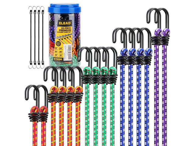 Bungee Cords Heavy Duty Outdoor: 20 Pcs Premium Rubber Bungee Cords with Hooks in a Storage Jar Includes 10', 18', 24', 30', 36', 48' Bungee Cord...