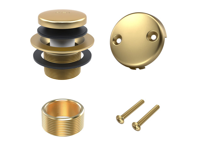 Brushed Gold Bathtub Drain and Overflow Kit,Bath Tub Drain Stopper All Brass Metal Tip-Toe Tub Drains Cover with Two-Hole Overflow Faceplate,...