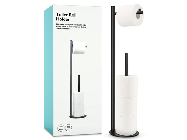 Toilet Paper Holder Stand, Bathroom Free Standing with Storage, Black Rustproof Toilet Paper Roll Holder for 4 Rolls,with Non-Slip Stable...