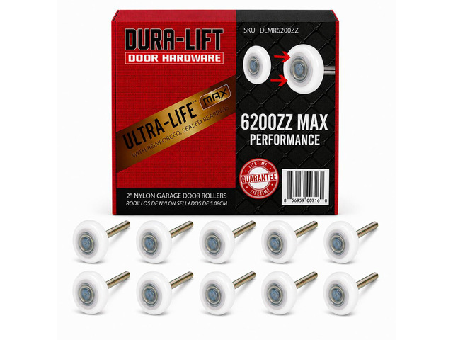 Ultra-Life MAX 2' Sealed 6200ZZ Bearing Nylon Garage Door Roller, 4' Stem, Pack of 10