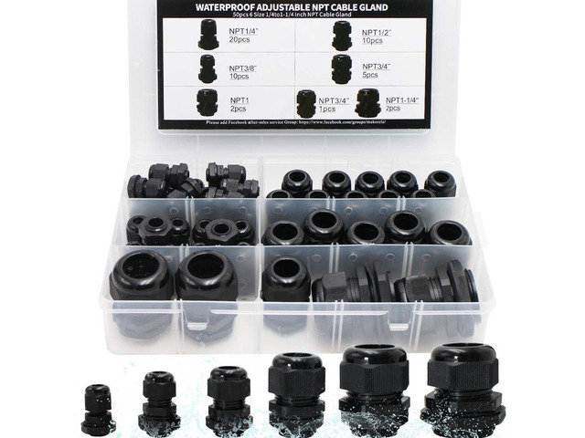 Cord Grip NPT Cable Glands Kit for Electrical Waterproof Box Black 50pcs, 1/4 3/8 1/2 3/4 1 1-1/4, Waterproof Nylon Strain Relief Connector,...