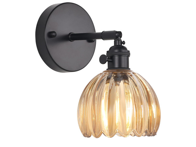 Vintage Wall Sconce with Amber Tulip Glass Lampshade 180 Degree Adjustable Black Sconce Hradwired Modern Wall Lighting Fixture with Switch for...
