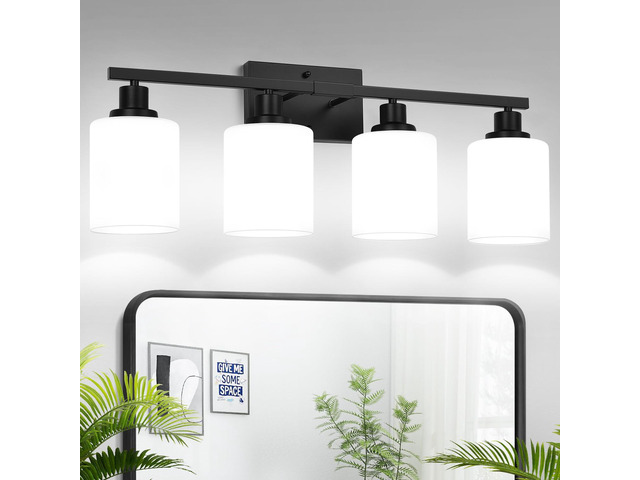 4-Light Bathroom Light Fixtures, Vanity Light with Milky White Shades, Matte Black Bathroom Light Fixtures Over Mirror, Modern Bathroom Wall Lamp...