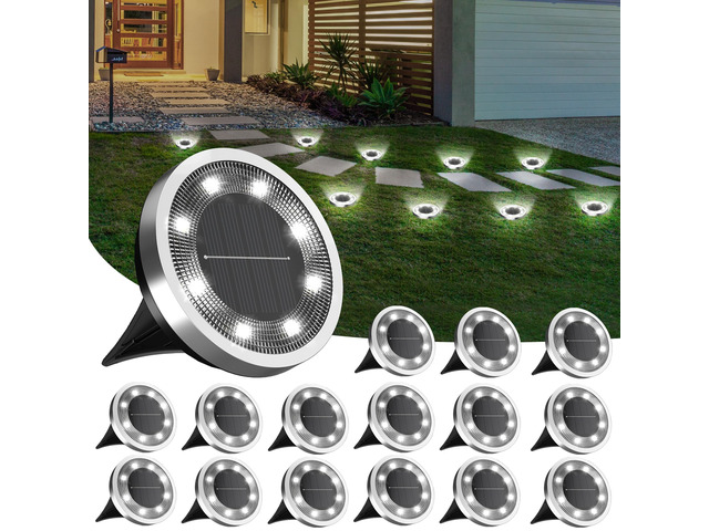 16Pack Solar Ground Lights Outdoor, 8 LED, IP65 Waterproof, Cold White 600mAh Ni-MH battery, 8-10h runtime, stainless steel, ABS and PP body, solar...