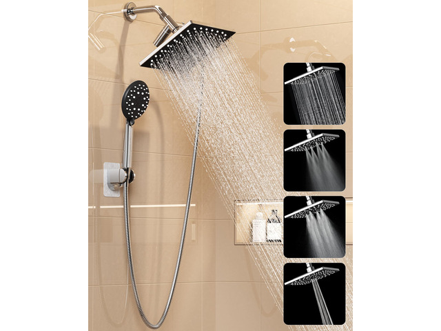 Multi-Function Rain Shower Head with Handheld, High Pressure, Square Rainfall Showerhead, Dual Shower Heads Combo, 5-mode Detachable Hand Held...