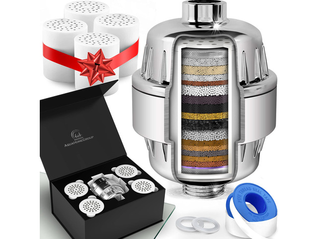 20 Stage Shower Filter with Vitamin C E and A - Reduces Chlorine, Heavy Metals and Sediment - 5 Cartridges Included - High Pressure - Universal Fit