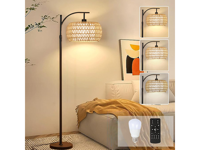 Arc Floor Lamps for Living Room Rattan Boho Floor Lamp with Remote Control,Dimmable LED Floor Lamp Wicker Lamp Shades Black Standing Lamp with 3...