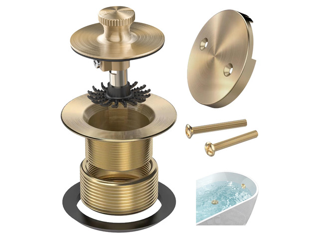 Champagne Brushed Gold Bronze Bathtub Drain, Hair Catcher and 2-Hole Overflow Faceplate, 11.5/16 UNC, Lift and Turn Bathtub Drain Replacement, Tub...