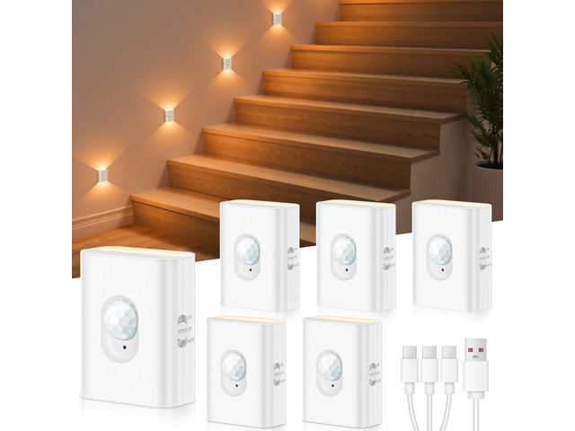 Rechargeable Motion Sensor Stair Lights Indoor, Warm White Magnetic Stick-on Battery Powered Night Lights for Stairway, Hallway, Bedroom, Closet, 6...