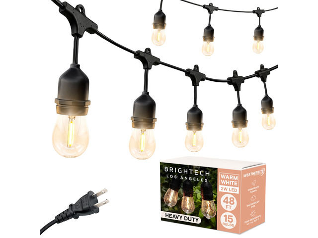 Ambience Pro - Waterproof LED Outdoor String Lights - 15 Hanging, Dimmable 2W Vintage Edison Bulbs - 48 Ft Commercial Grade Patio Lights Create...