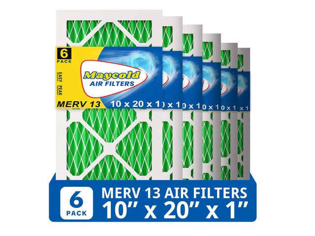 MERV 13 10x20x1 Air Filter (6-Pack), High-Efficiency Pleated AC & Furnace Filters, Actual Size: 9.70 x 19.70 x 0.75, Individually Wrapped in Plastic