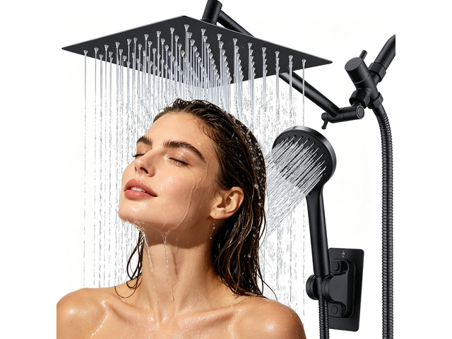 Peicuai Shower Head Combo, 10-Inch High-Pressure Rainfall Shower Head with 11-Inch Adjustable Extension Arm, 5-Setting Matte Black Handheld Shower...