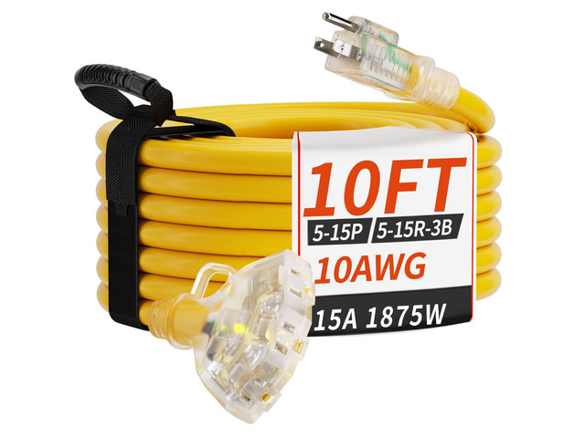 10 FT 10 Gauge Outdoor Extension Cord with Multiple Outlets Yellow Light Indicator, Flexible 3 Outlet Weatherproof Heavy Duty Extension Cord...
