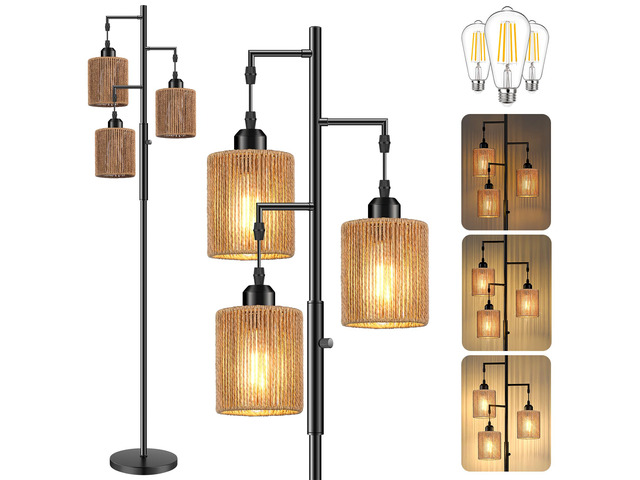 72' Boho Rattan Tree Floor Lamp, Tall Dimmable Industrial Standing Lamp, Corner Decor Accent Lighting for Living Room, Bedroom, Dining Room,...