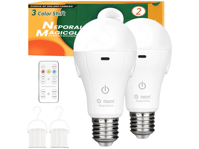 MagicGlow Rechargeable Light Bulbs with Remote, 3 Colors Shift + Dimmable Battery Powered Light Bulbs, USB Rechargeable, A19 Standard Emergency LED...