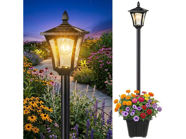 76' Solar Lamp Post Lights with Planter, Glass & Metal Street Light Outdoor Waterproof, 60 Lumens Dusk to Dawn Solar Pole Light for Garden, Yard,...