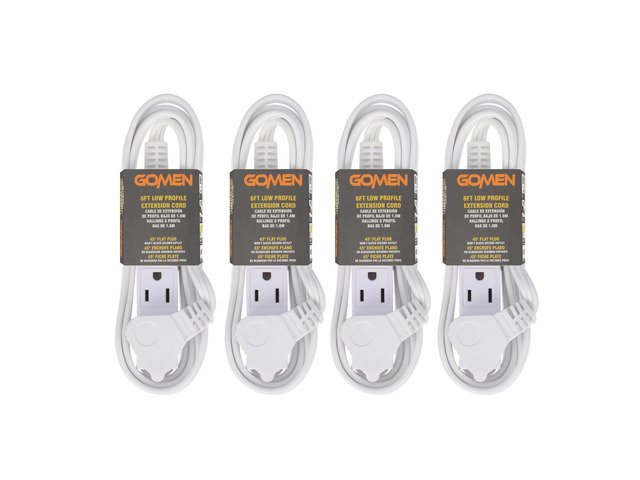 6 Feet Indoor Extension Cord with 3 Outlets, AWG 16/3 Angled Flat Plug Power Strip, 3 Prong Grounded, 13 Amps - 1625 Watts - 125 VAC, White, 4 Pack