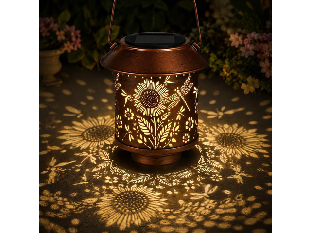 Sunflower Solar Lantern Outdoor Hanging Gifts for Women Mom Grandma Dragonflies Garden Lovers Rustic Bronze Metal Garden Lantern with Flower...